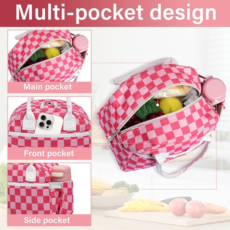 Carry bloom Lunch Box for Women, Insulated Lunch Bag Cute Corduroy Lunchbag Reusable Lunchbox for Work (checkered rose pink) - Image 5